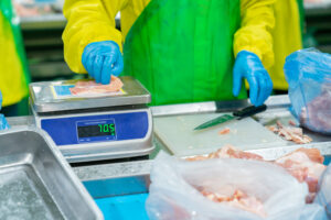 Worker cutting and weighing chicken meat.